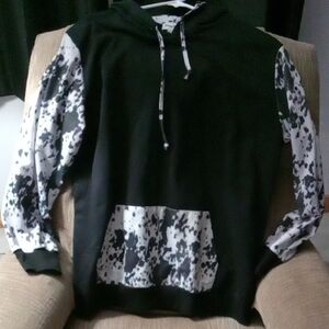 Black Pullover Hoodie with White/Black Patterned Accents